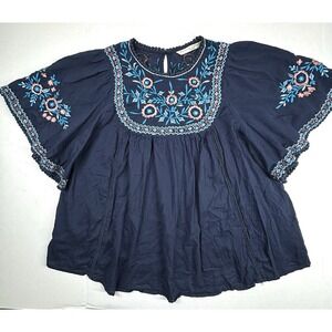 Wayward Fancies E Shakti Blue‎ Floral Embroidered Blouse 1X/16W BOHO Flare EUC